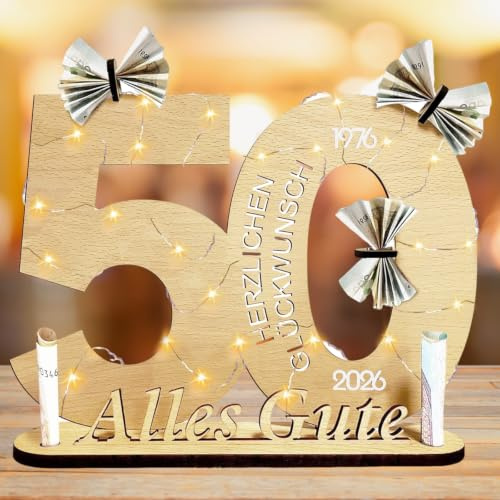 Qunkun Geldgeschenke Geburtstag 50, Holz Schild Gästebuch, LED Lichterkette | Geschenke zum 50 Geburtstag Frau Mann, 50 Geburtstagszahlen Holz Schild Gästebuch mit LED Lichterkette