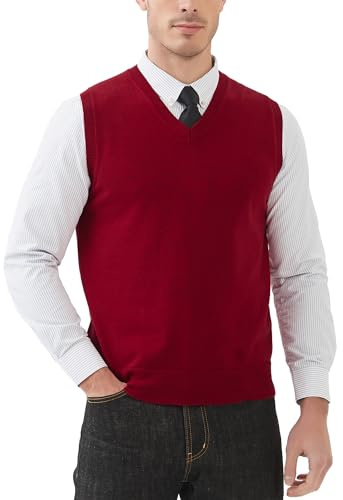 Kallspin Hombres de Algodón sin Mangas Jerseys Cuello en V de Punto Chalecos Suéter Chaleco Corte Relajado Pullover(Rojo,L)