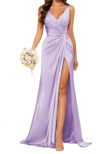 WSEYU Vestido de dama de honor con cuello en V para mujer, con abertura en la cintura fruncida, plisado, de satén, vestido de fiesta formal, Lila, 36