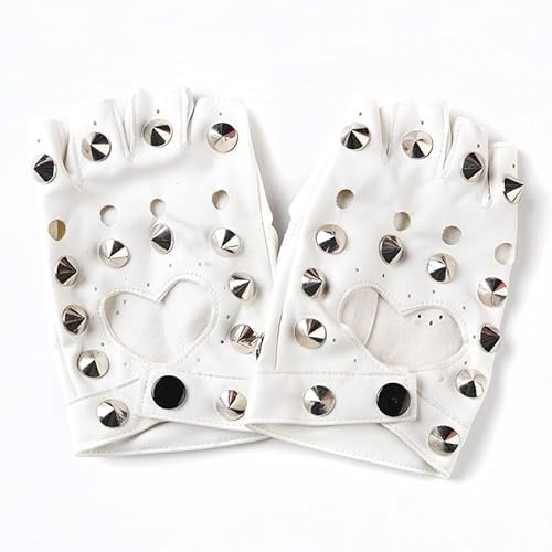 Joayuezo 1 Paar Punk Handschuhe Nieten Halbfinger Handschuhe Rock Handschuhe Damen Mädchen Lederhandschuhe für Halloween Frauen Teenager Cosplay (Big Willow Nail&Heart,White)