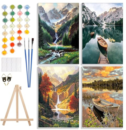 GHHKUD Paisajes Pintar por Numeros Adultos, Pack 4 Kit de Pintura por Números, con Pinceles, Pigmento Acrílico, Pintura de Dibujo DIY, Paint by Numbers Kits, 20X30CM
