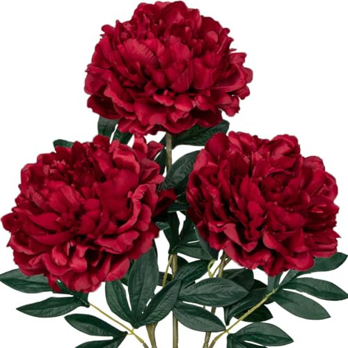 Briful 3PCS 74CM Künstliche Pfingstrosen Stiel Kunstblumen Wie Echt, Künstliche Rosen Dunkelrote Pfingstrosen,Vintage Künstliche Blumen Bouquet für Braut Hochzeit Home Party Blumengesteck