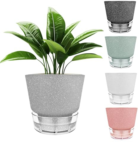 HYNZ 6-Inch Self-Watering Plant Pot with Visual Reservoir and Drainage Hole, Set of 5, Plastic Flower Pots, Planting Pot for Indoor Outdoor Plants (Frosted Mixed Color)