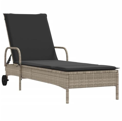 vidaXL Sonnenliege mit Rollen Auflage, Gartenliege Verstellbare Rückenlehne, Sonnenbett für Außenbereich, Relaxliege Gartenmöbel, Hellgrau Poly Rattan