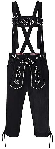 Bayerische Premium Trachtenhose Herren Kurz Lederhose Herren Tracht Original Trachtenlederhosen Lederhosen Schwarz mit Gestreiftes Herrenhemd Hosenträger Trachtenhut für Oktoberfest Outfit
