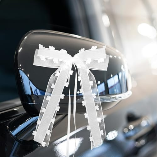 HOTUT Autoschleifen Hochzeit,25 Stück Weiß Herzen Schleifen,Handgemacht Satinband Deko Schleifen für Hochzeit Party Geburtstag Geschenkenverpackung