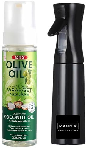 Curly Hair Mousse & Mahn K Collection 300ml Mist Spray Bottle Bundle - ORS Olive Oil Wrap/Set Foaming Mousse for Curly Hair, Hair Mousse for Curly Hair, Curling Mousse, Hair Mister Spray Bottle