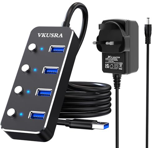 USB Hub 3.0 Powered, VKUSRA 4 Ports Ultra Slim USB Splitter with 5V/3A AC Power Supply Adapter, High-Speed Data Hub with 1.2m Extended Cable and Individual On/Off Switch