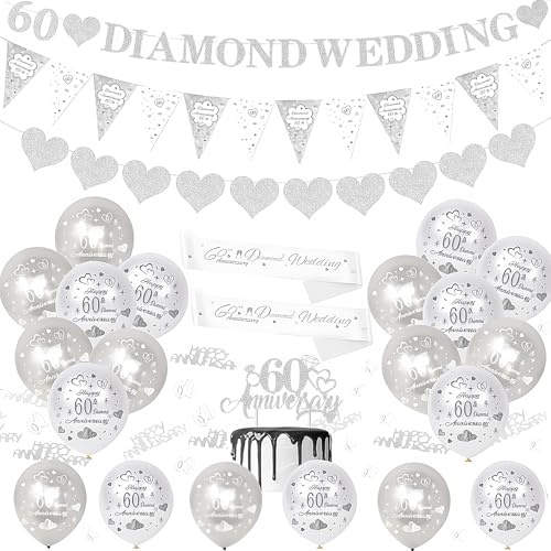 60th Wedding Anniversary Decorations Set,Diamond Weddings Decorations,with Glitter 60 Diamonden Anniversary Banner, Silver White Balloons, Cake Topper,Triangle Flags,Diamond Wedding Party Supplies