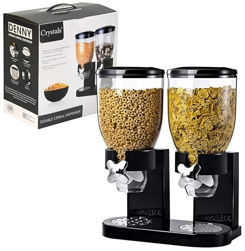 Crystals Single/Double Dry Food & Cereal Dispenser | Plastic Storage Container with Easy Twist Dial for Accurate Portion Control | Airtight Dispenser Keeps Fresh Foods, Clean & Easily Accessible_Black