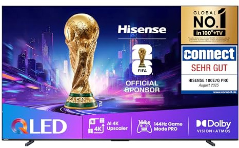 Hisense 100E7Q PRO Fehrnseher,100 Zoll,4K UHD QLED, Smart TV,144Hz Game Mode PRO,Filmaker Mode, AMD FreeSync Premium,AI HDR Upscaler,Built in Subwoofer,Dolby Vision IQ & Atmos,Sprachsteuerung [2025]