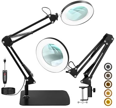 Lupe mit Licht und Ständer, CS COSDDI 10X LED Lupenleuchte mit Klemme, 5 Einstellbare Farben und 7 Helligkeitsstufen, als Diamond Painting Zubehör, Lupenlampe für Lesen Basteln Juweliere Modellbau