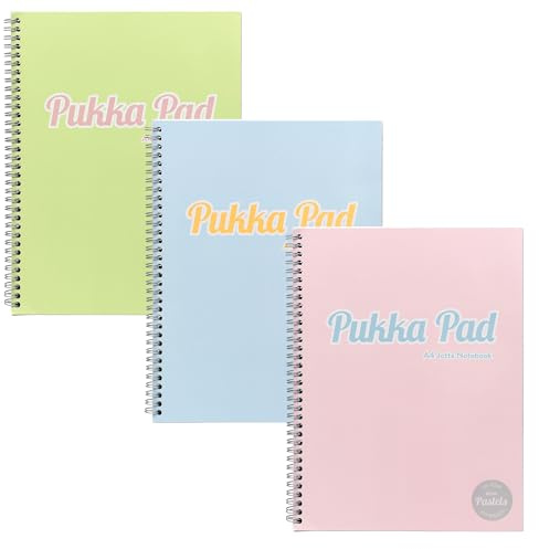 Pukka Pad Pastel A4 Jotta Notebooks – Pack of 3 Wirebound Notepads with 200 Pages, 100 Sheets of 80GSM 8mm Feint Ruled Paper and Perforated 4-Hole Punched Margins – Pink, Blue, & Green, 29.7 x 22.4 cm