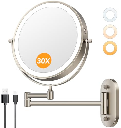 Auxmir 1X/30X Wall Mounted Lighted Makeup Mirror, 8 3200 mAh Rechargeable Double-Sided Magnifying Mirror, Touch Dimmable 3 Color Lights, 360° Rotating Foldable 14.5 Extension Arm, Brushed Nickel