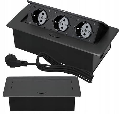 Tischplatte Steckdose mit USB A, Fach Einbausteckdose x3 mit 130cm Kabel, Tischsteckdose Steckdosenleiste Mehrfachsteckdose für Konferenztisch, Arbeitsplatte, Sofatisch (Dreifach schwarz)