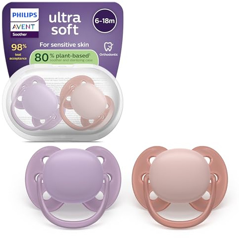 Philips Avent Ultra Soft Ciuccio - Design ortodontico, per neonati 6-18 mesi, scudo flessibile, tettarella simmetrica in morbido silicone, senza BPA, confezione da 2, SCF091/43