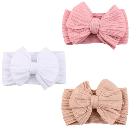 3 diademas para bebé, suaves lazos para niña, accesorios para el cabello de recién nacida (rosa oscuro, blanco, rosa claro)