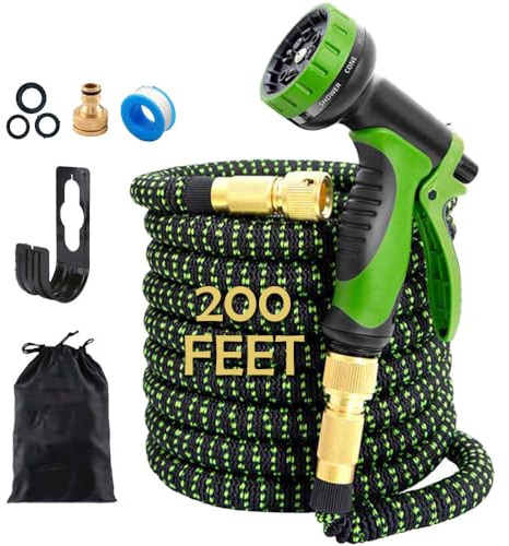 Expandable Garden Hose – 200FT (60M), Flexible Telescopic Hose with 10-Function Nozzle,3/4-Inch & 1/2-Inch Brass Connectors(200FT)