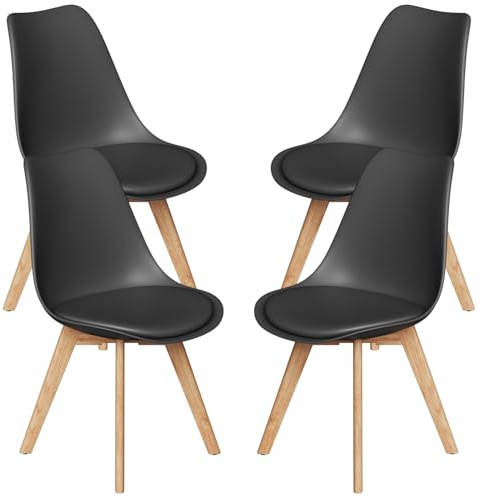 Stanew Lot de 4 Chaises Noires – Chaise Salle à Manger Scandinave Rembourrée, Confortable avec Pieds Bois – Chaise Cuisine et Salon