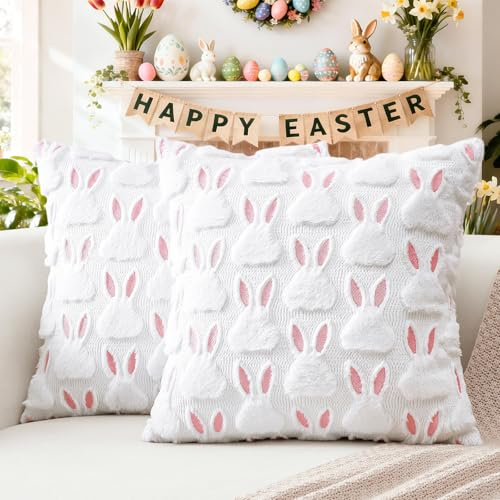 Artscope 2er Set Wolle Kissenbezüge Weicher Plüsch Kurzer Wollsamt Dekokissenbezuge Sofakissen Ostern Kissenhülle für Sofa Schlafzimmer Rosa Ohren Kaninchen Weiß, 50x50cm