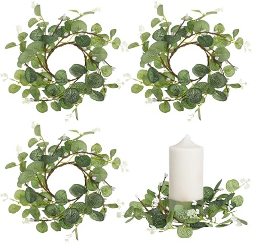 Alipis 4pcs Artificial Eucalyptus Candle Rings - Small Greenery Wreaths for Pillar Candles - Faux Eucalyptus Leaves Table Centerpiece Decor for Wedding, Easter and Christmas Party - 3.15”