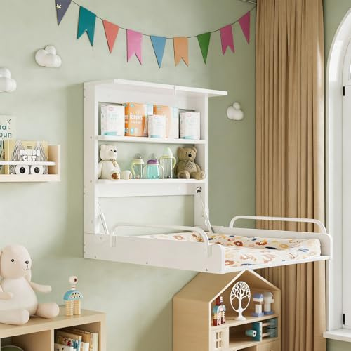 MSFE Table a Langer Bebe Table à Langer Murale Pliable en Bois, Commode a Langer Poupée - Ultra Compacte avec 2 Étagères Pratiques - Peu Encombrante - Supporte Jusqu'à 15 kg, Blanc
