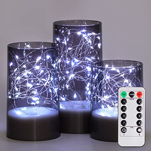 Homemory Flickering Flameless Candles with Remote, Embedded String Lights in Acylinder Vase, Battery Operated Fake Candles, Gray LED Candles with Timer for Home Decor, 8 Mode Lights, Set of 3