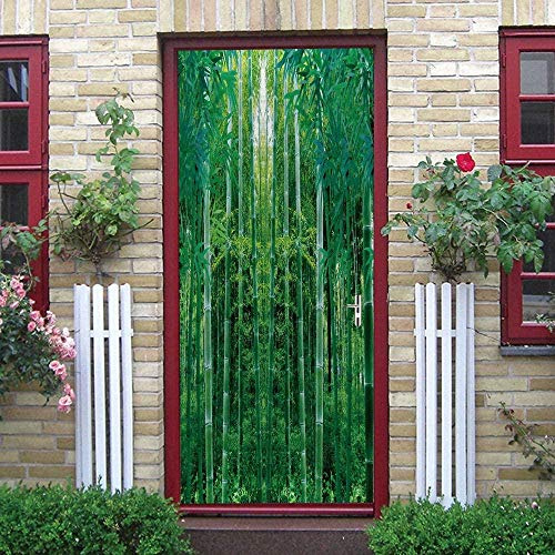 Murales Poster Per Porte 90X200Cm Pianta Foresta Di Bambù Verde Carta Da Parati Adesivo Per Porta 3D Autoadesivo Fotomurali Impermeabile Decalcomanie Famiglia Soggiorno Bagno Decorazione