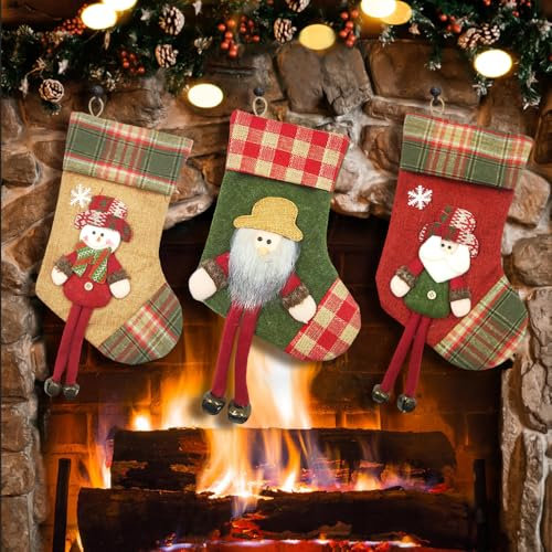 3 Stück Weihnachtsstrumpf Kamin Groß, Nikolaussocke zum Aufhängen, Nikolausstrumpf Personalisiert, Nikolausstiefel zum Befüllen Weihnachtsdeko Amerikanisch Bonbontasche Geschenktüte für Weihnachtsbaum