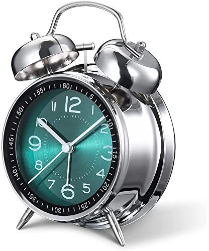 Silent Non-Ticking Bedside Alarm Clock, 4 Metal Structure, Retro Vintage Design with Twin Bell, Perfect for Heavy Sleepers, Kids and Bedrooms. Analogue Quartz and Battery Operated. (GREEN DIAL)