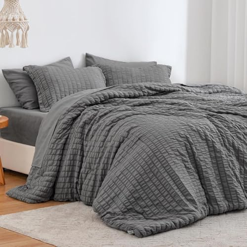Sedefen Seersucker Bettwäsche 200x220cm Dunkelgrau Grau Uni Einfarbige Wende Bettwäsche Set Weiche Bettbezug 200x220cm und 2 Kissenbezüge 80x80cm mit Reißverschluss