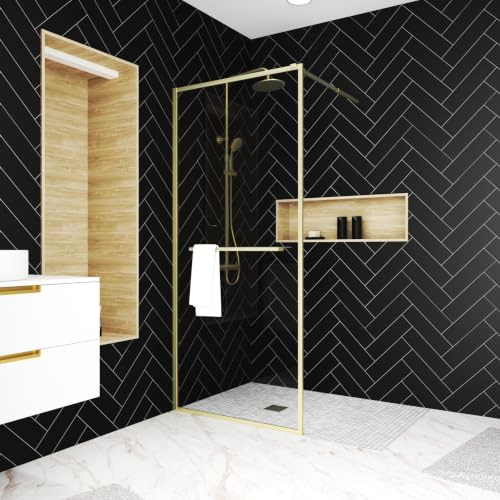 Paroi de Douche Or Doré Brossé 90x200cm - Porte-Serviette et Etagère