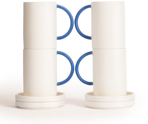 CREATE Service à thé en céramique Cobalt Collection / 4 tasses et 4 soucoupes / Céramique, peint en blanc et bleu cobalt, résistant jusqu'à 120 °C, passe au lave-vaisselle, au micro-ondes et au four,