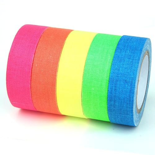 GOTRUST 5pcs Cinta de Fluorescente UV, Cinta de Tela de Neón Gaffer, Cintas Adhesiva Reactiva UV Negra, Blacklight Neon Tape para Decoraciones de Fiesta, 13mmx5m