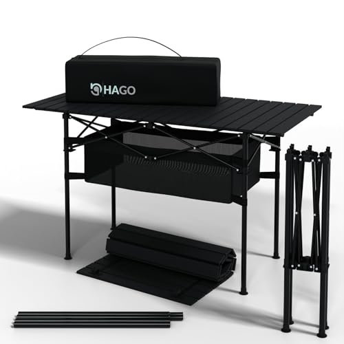 HAGO Aluminium Campingtisch Schwarz | Rolltisch | Falttisch | Gartentisch | Reisetisch | Klappbar | Anti-Rutsch-Füße | Praktisches Aufbewahrungsnetz | Ideal für Outdoor und Camping