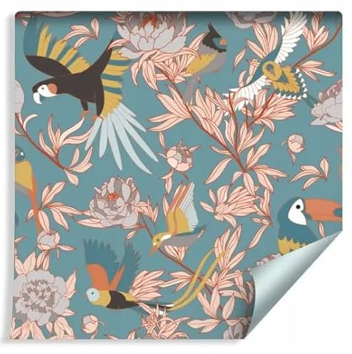 Carta da parati con uccelli tropicali e fiori, sfondo turchese, motivo esotico