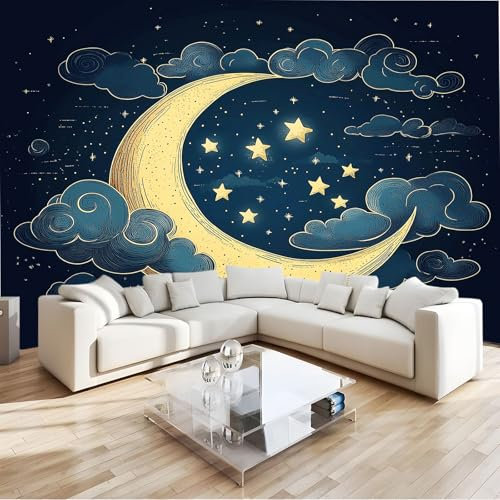 Blau 3D Fototapete Handgezeichneter Stil Mond Und Sterne Hochwertige Vlies Wandbild Modernes Wanddeko Tapete, Für Wohnzimmer Schlafzimmer Büro B250 X H175 Cm