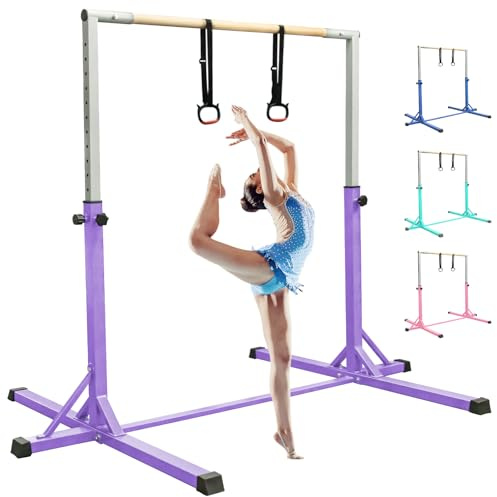 FBSPORT Gymnastics Bar Horizontal Bar with Gymnastic Rings for Kid 13 Height Adjustable, Junior Training Kip Bar Gymnastics Training Equipment for Home Gym Indoor Garden Outdoor