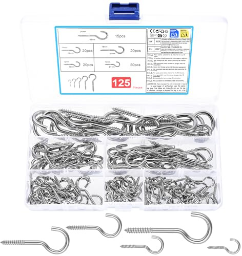 125 Pcs Screw Hooks for Hanging Hook, Metal Screw-in Hooks for Garden Lights, Ceiling Cup Hook Heavy Duty for Hanging Plants Keys Cups Kitchen Cabinet Home Indoor Outside Lights(5 Sizes)