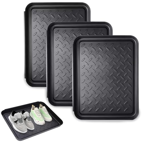 PECZEKO Schuhablage Schuhabtropfschale 3er Set – rutschfeste Schuhmatte Abtropfmatte aus Kunststoff, Schuhabtropfschale, Wasserdicht, für Haushalte, Robust - 36 x 28x 2,5 cm - 3 Stück, Schwarz