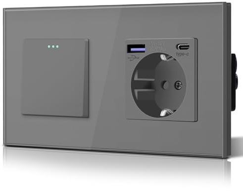 BSEED Interruptor y Enchufe,Enchufes Pared con 20W USB y Tipo C,Carga Rápida,Panel de Vidrio,3 en 1,Fácil Instalación,1 Gang 1 Vía Con 20W Enchufe,157mm Gris