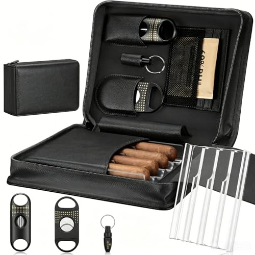 Racocou Lädercigarreseset med humidor, inkl. 2 giljotinskärare, stans, fuktighetsförpackningar, akrylbricka och multifunktionellt fodral – Perfekt present till män,Black