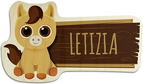 printplanet Türschild aus Holz mit Namen Letizia - Motiv Pferd - Namensschild, Holzschild, Kinderzimmer-Schild
