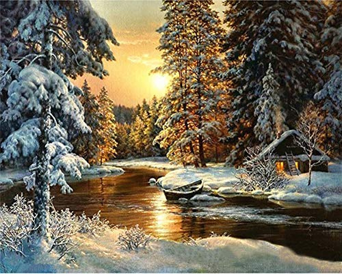 YEESAM ART Neuheiten Malen nach Zahlen Erwachsene Kinder, Schnee Wald Bäume Sonnenuntergang Fluss Landschaft 40x50 cm Leinen Segeltuch, DIY ölgemälde Weihnachten Geschenke (Bäume, Mit Rahmen)