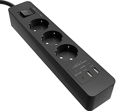 KabelDirekt – Steckdosenleiste 3-fach + USB PD 3.0 – Schnelllader, Schwarz | 3-fach-Steckdosenleiste mit USB-Schnellladeport (PD 3.0) – lädt bis 3× schneller, Überspannungsschutz, TÜV