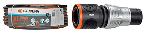 Tuyau d'Arrosage Comfort Highflex de Gardena 19 Mm (3/4), 50 M : Tuyau à Profil Power-Grip, 30 Bars & Raccord d'Arrosage Premium Aquastop 19 mm (3/4) de Gardena : Aquastop, Bon Maintien du Tuyau
