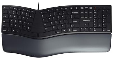 CHERRY KC 4500 ERGO, Tastiera Ergonomica, Layout per l'Unione Europea (QWERTY), Con Filo, Poggiapolsi Imbottito con Memory Foam, Tastierina Arcuata, Nero