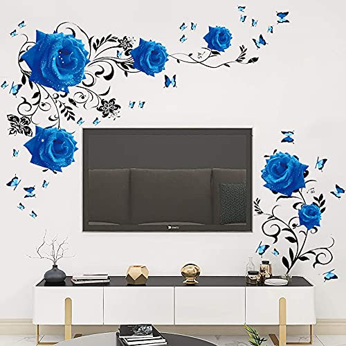 Supzone Blue Rose Wall Stickers Rose Flower Vine Wall Decal Blue Peony Floral Wall Decor DIY Vinyl Mural Art for Bedroom Living Room Sofa Backdrop