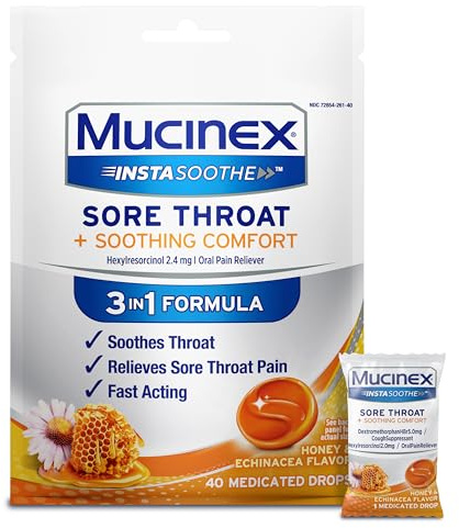 Mucinex Instasoothe Sore Throat Relief Drops, Sore Throat Lozenges, Sore Throat Medicine with Hexylresorcinol, Cough Drops Alternative, Honey & Echinacea Flavor Medicated Numbing Throat Drops, 40 ct