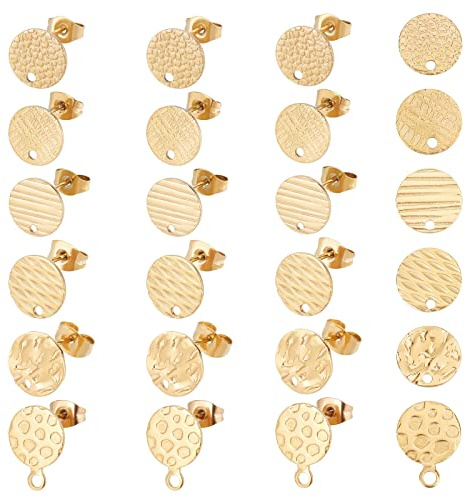 UNICRAFTALE 6 stilar 10 mm platta runda stiftörhängen 24 st rostfritt stål örhängen fynd med öronmuttrar gyllene textur gör-det-själv öronstift för smyckestillverkning stift 0,8 mm